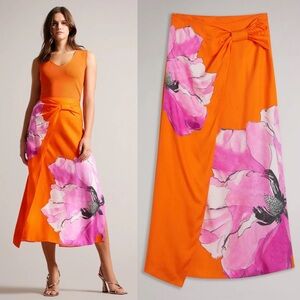 Ted Baker Bethhie Floral Gathered Asymmetric Twist Detail Slip Wrap Midi Skirt